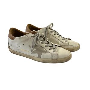 Golden Goose White Leather Sneakers with Gray Star and Tan Heel